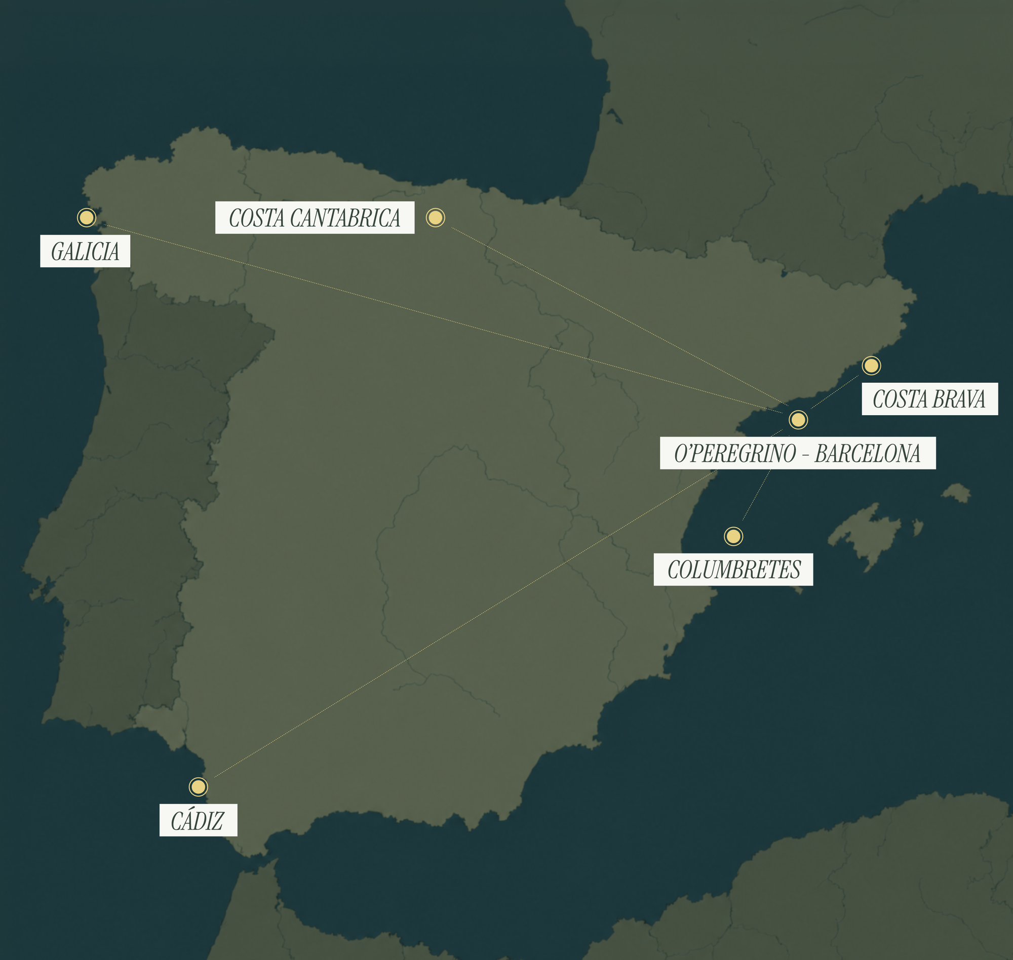 Map of the five coasts: Galicia, the Cantabrian coast, Costa Brava, Columbretes and Cádiz